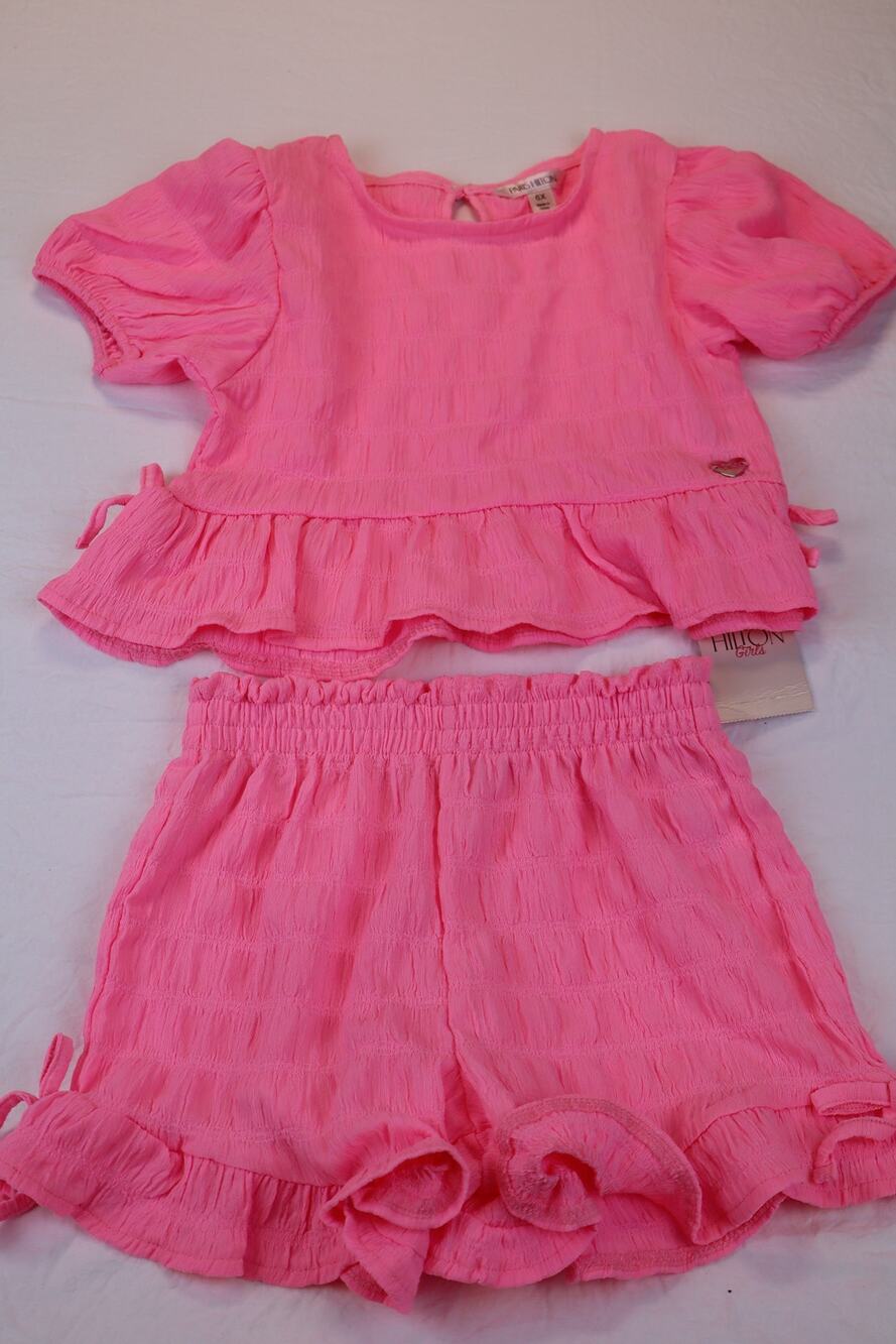 NEW Paris Hilton 2 Piece Shorts Set Women's Pink Ruffle Smocked Size 6X